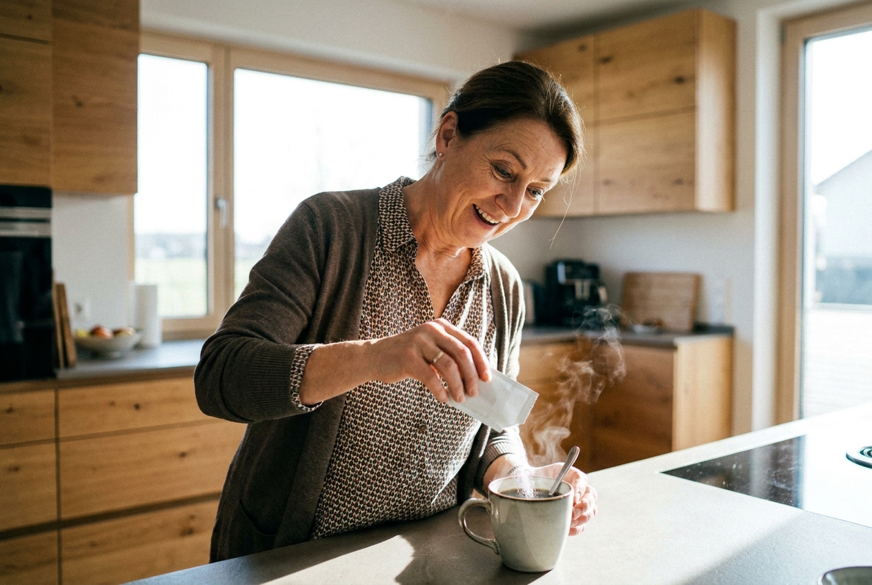 Sachet of active ingredients in a morning coffee